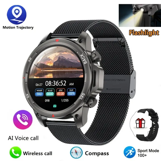 ساعة ذكية للرجال بصوت AI ومكالمات لاسلكية، مزودة بخاصية NFC، ومسار الحركة عبر GPS، وبوصلة، وتتبع، وساعة للياقة البدنية